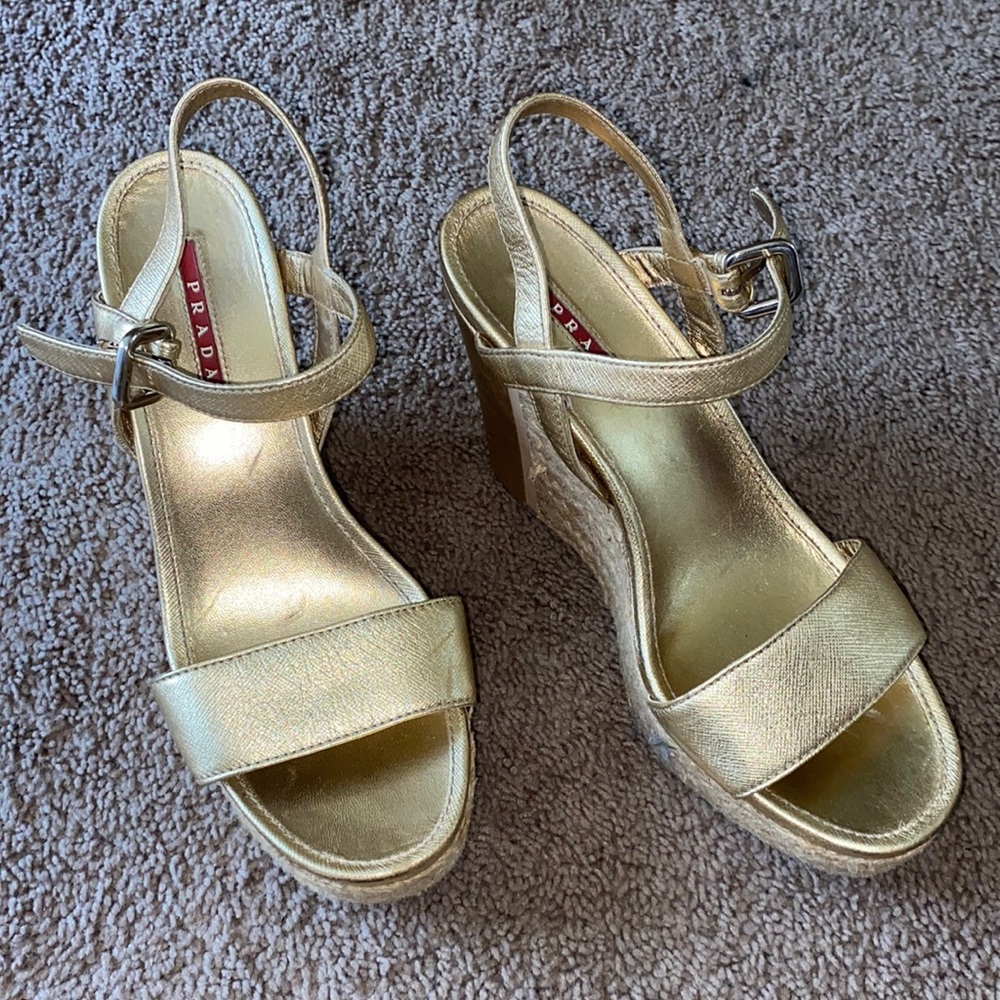 Prada gold wedges